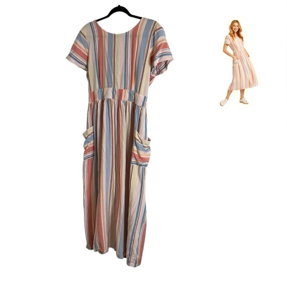 ANA Striped Open Back Dress Women's M Retro Pockets Linen Blend - Picture 1 of 13